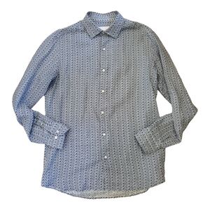 Massimo Dutti Mens Shirt M 100% Linen  Blue Patterned Long Sleeve Button